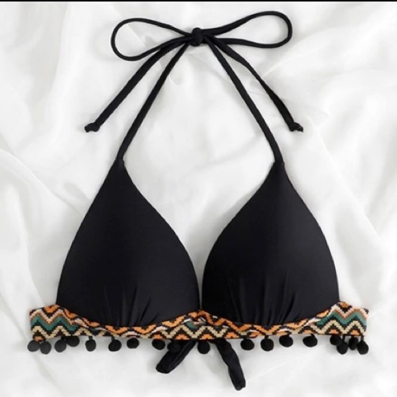 POM POM Triangle Halter Bellydance Athletic Bikini Swimsuit Top Womens Medium - Picture 5 of 13